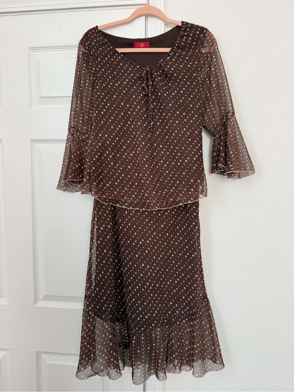 Sangria Y2K Vintage brown polka dot skirt and blouse set 6